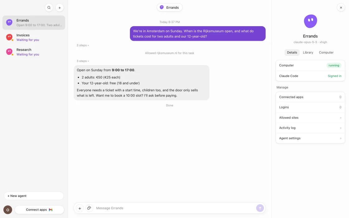 The Quokka Bot app: an agent called Errands answers when the Rijksmuseum is open on Sunday and what tickets cost, after the owner allowed rijksmuseum.nl for the task.